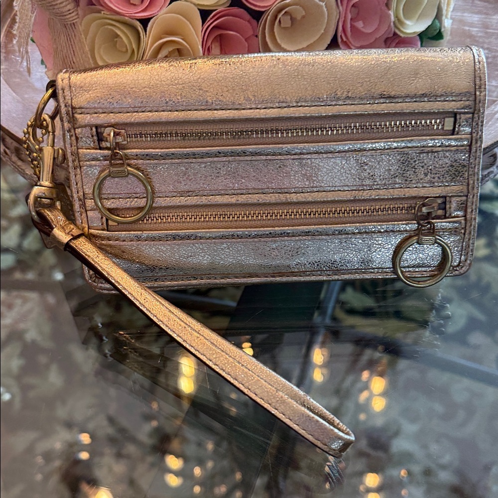 Coach Gold Metallic Wristlet with Key Rings